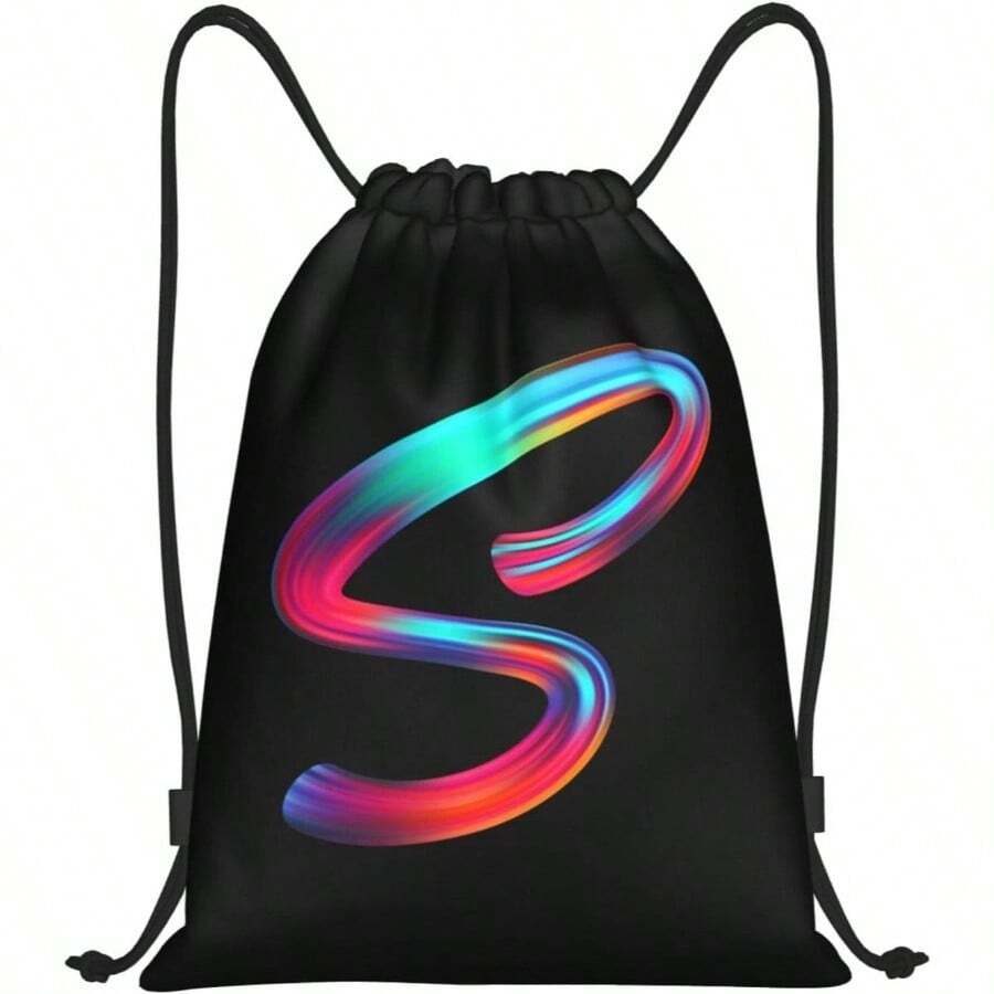 Drawstring Bags Initial Drawstring Backpack Sackpack Black Draw String Cinch Bags Sports, Gym, Travel, Swimming, Beach, Camping, Letter S - S-16.9"*14" + Letter-s - View 1