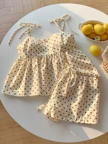 Conjunto de 2 piezas de camiseta de tirantes y pantalones cortos con estampado de lunares para vacaciones de mujer - Amarillo - Ver 1