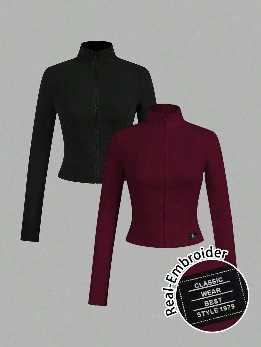 2 piezas Conjunto versátil de ropa deportiva de punto blanca y negra para yoga y fitness, camiseta de manga larga con cremallera y bordado gráfico de letras, elegante para otoño/invierno - Multicolor 3 - Ver 1