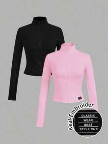 2 piezas Conjunto versátil de ropa deportiva de punto blanca y negra para yoga y fitness, camiseta de manga larga con cremallera y bordado gráfico de letras, elegante para otoño/invierno - Multicolor 12 - Ver 1