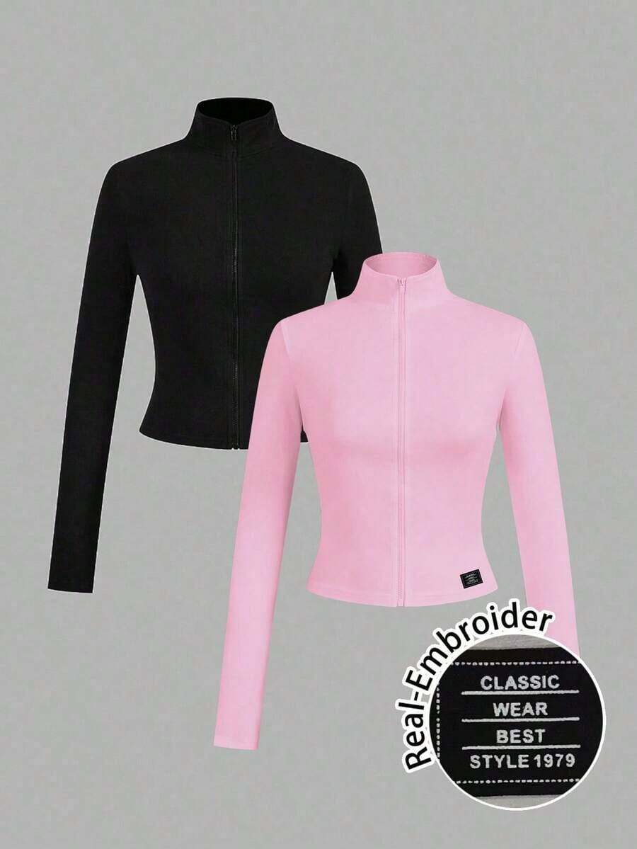2 piezas Conjunto versátil de ropa deportiva de punto blanca y negra para yoga y fitness, camiseta de manga larga con cremallera y bordado gráfico de letras, elegante para otoño/invierno - Multicolor 12 - Ver 1