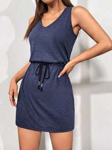 Vestido Sin Mangas Negro Con Cintura Ajustable Y Cordones Para Mujer - Azul marino - Ver 3