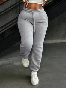 Pantalones deportivos jogger de mujer con unicolor, cintura con cordón y bolsillos - Gris Claro - Ver 4