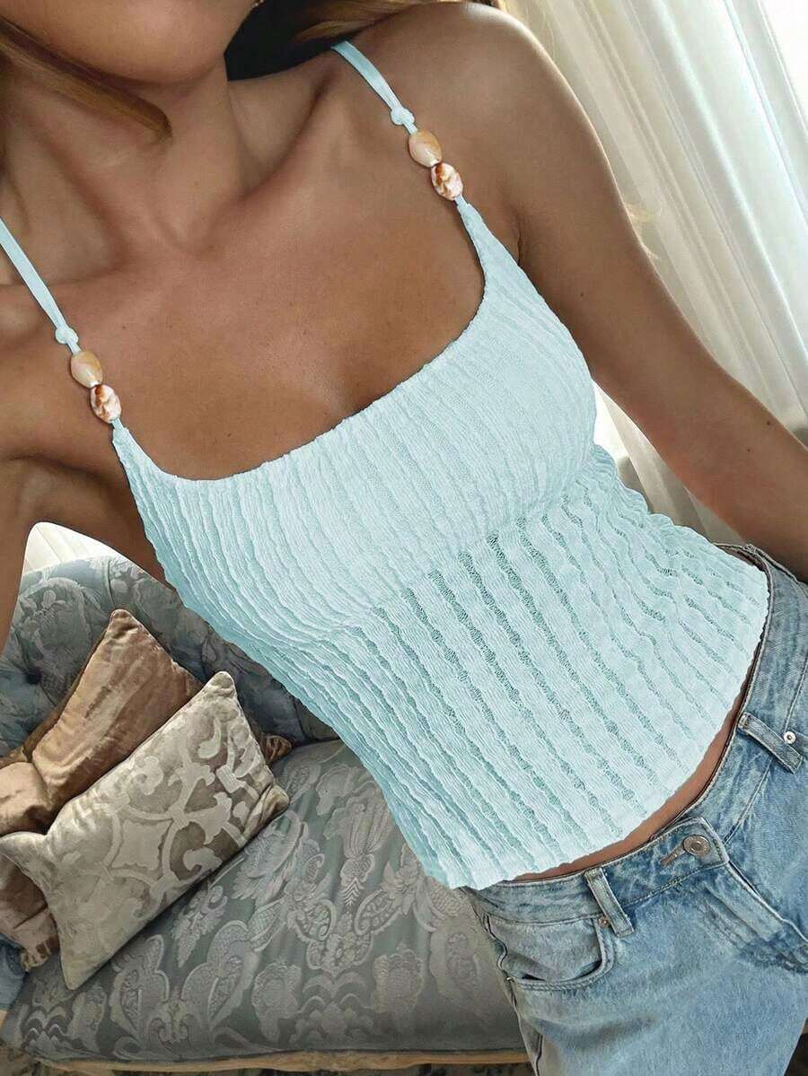 de tirantes ajustada de unicolor casual para mujer Vaiaye, con decoración de concha, textura de jacquard, adecuada para la playa, el Día de San Patricio y el trayecto al trabajo en verano - azul claro - Ver 1