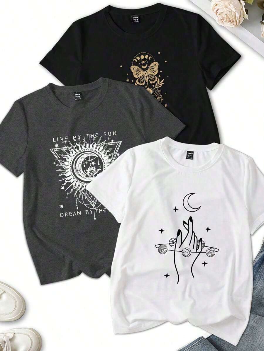 Set de 3 camisetas de mujer de manga corta con cuello redondo, de estilo casual de verano, con estampado gráfico del universo creencia, top de concierto - Multicolor 15 - Ver 1