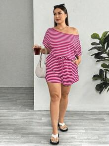 Rompers para mujeres de talla grande, mono informal de rayas, vestidos de verano para mujer, traje de una pieza, mono corto, para dama - Rosa Fucsia - Ver 6
