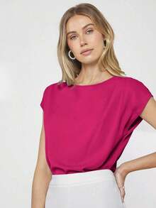 Blusa de mujer de cuello redondo y mangas cortas tipo murciélago, estilo básico urbano y de viaje, moda sencilla y elegante para uso casual en la oficina, adecuada para maestras y oficinistas, otoño - Rosa Fucsia - Ver 7