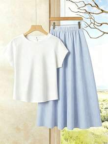 Set de 2 piezas Blusa de unicolor + Falda estampada con flores moradas de estilo casual de vacaciones para mujer, Conjunto de verano para mujer, Conjunto de falda y blusa, Conjunto de falda y blusa para mujer, Conjunto de falda estampada de pri - Multicolor 3 - Ver 7