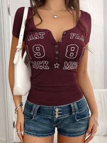 Camiseta de manga corta ajustada con estampado de letras estilo Y2K para mujer, casual para primavera/verano - Rojo - Ver 10