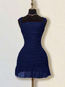 Vestido mini ajustado de mujer de unicolor elegante con malla y drapeado - Azul marino - Ver 3