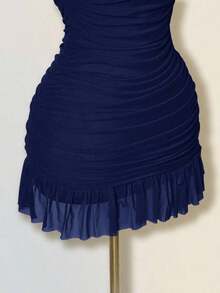 Vestido mini ajustado de mujer de unicolor elegante con malla y drapeado - Azul marino - Ver 6