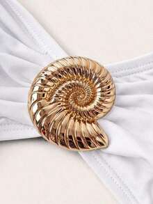 Traje de baño de una pieza elegante de talla grande con 3 piezas, decorado con hebilla de metal marrón, se puede usar por separado con atuendos, adecuado para fiestas y vacaciones - Blanco - Ver 5