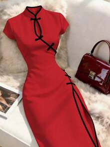 YHHFranclia Vestido abotonado de mujer de estilo chino para el Año Nuevo, vestido elegante de estilo chino nuevo, vestido largo con ribete de contrasteYHH - Rojo fuego - Ver 1
