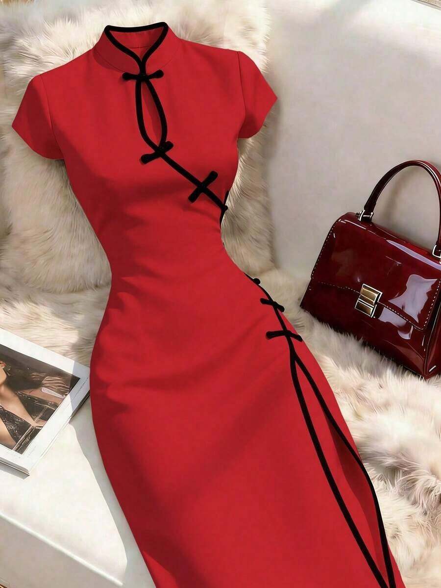 YHHFranclia Vestido abotonado de mujer de estilo chino para el Año Nuevo, vestido elegante de estilo chino nuevo, vestido largo con ribete de contrasteYHH - Rojo fuego - Ver 1