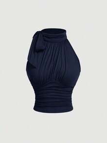 Blusa con cuello alto, lazo y recogido, casual y de moda para uso diario, perfecta para vacaciones, citas, picnics, fiestas, bailes de graduación, festivales y cumpleaños; uso diario, salir, té, club, primavera/verano, invitada de boda - Azul marino - Ver 5
