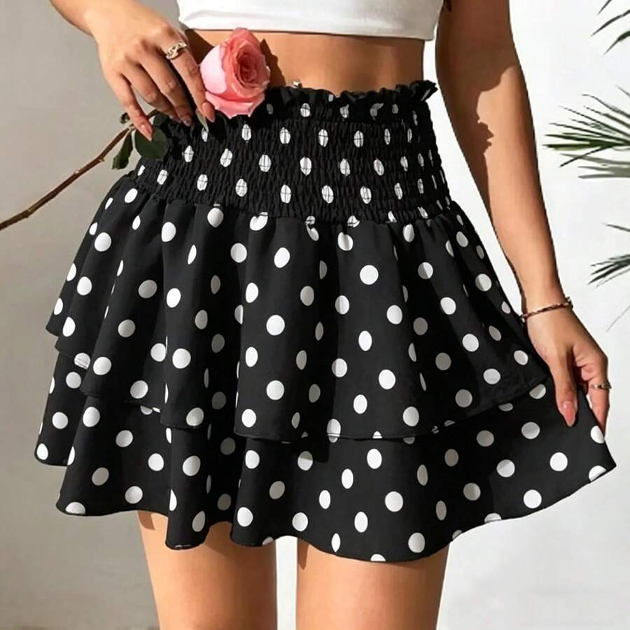 Chân váy ngắn nữ phong cách Bohemian chấm bi xếp tầng bèo nhún, vải dệt, phù hợp cho kỳ nghỉ hè và mặc hàng ngày - màu đen - Xem 1