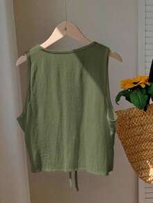 2026 Nuevo Top sin mangas con cuello en V, lazo delantero y bordado floral para mujer, ideal para vacaciones en la playa, uso casual, estilo Y2K de los 2000, primavera, graduación, fiesta de boda, vacaciones elegantes, San Valentín, carnaval, - Verde militar - Ver 2