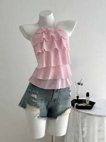 Blusa casual de mujer con cuello de volantes en capas de unicolor - Rosa Pálido - Ver 6