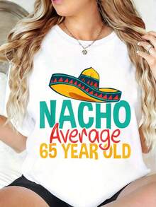100% Cotton, Plus Size, 100% Cotton, Nacho, Average, 65 Years, Cinco De Mayo, 65th Birthday T-Shirt, T-Shirt Print, Crew Neck, Short Sleeve, Stretch Fabric, Summer Top. - 白色 - 查看 1