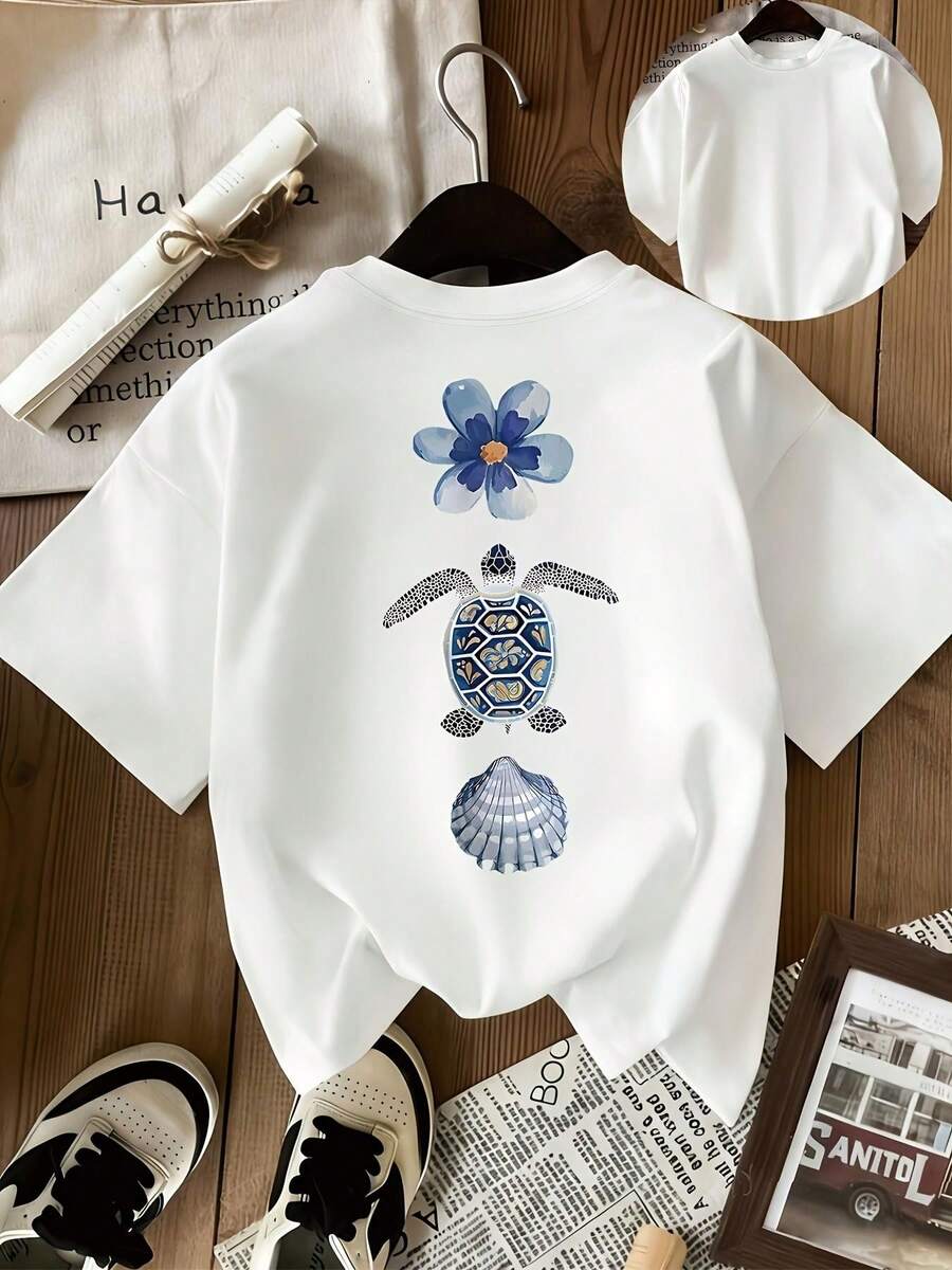 Women's Plus Size Short-Sleeved Summer T-Shirt With A Round Neck, Breathable And Printed. Exquisite Casual Short-Sleeved T-Shirt With A Round Neck - Breathable Summer Top With A Floral And Starfish Print, Machine Washable, White, For Spring And Summer, Beach-Inspired Design, Suitable For All Seasons, Simple, For Christmas Gifts, Everyday Wear, Very Suitable For Cool Summer Days. - 白色 - 查看 1