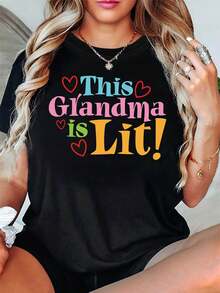 Camiseta de Mujer con Diseño de Abuela a la Moda - Fuente Colorida y Gráfico de Corazón Decorativo, Manga Corta Casual, Rosa-Amarillo-Azul, Estilo Elegante y Vibrante para Reuniones Familiares de Ancianos - Negro - Ver 1