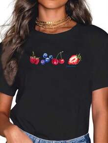 Women's Casual T-Shirt With Strawberry, Cherry, Blueberry, And Raspberry Print - Soft Fabric With Slight Stretch, Casual Crew Neck, Short Sleeves, All-Season Comfort, Regular Fit, White Top With Multicolored Fruit Design (Black/White Base) - Summer Essential And Easy To Layer, Ideal For Beach Outfits, Picnics, And Casual Wear - Soft, Machine-Washable T-Shirt With Vibrant Fruit Pattern, Picnic Wear, Breathable Fabric, Stretch Material, 100% Cotton, Durable - 黑色 - 查看 7