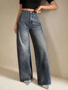 Jeans de pierna ancha de aspecto desgastado y brillante de estilo casual - Azul - Ver 7