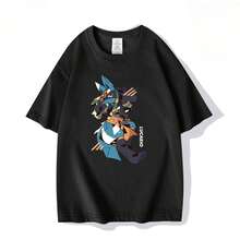 Camiseta estampada de anime de  Lucario para hombre y mujer, estilo moderno, holgada, informal, estilo Y2K, corta, unisex, 220 g, de algodón grueso, suave y transpirable, con excelente elasticidad, agradable para la piel y cómoda para usar todo el día. Diseño clásico e informal, fácil de combinar, ideal para salidas diarias, ropa urbana, deportes, citas y reuniones informales durante todo el año. - Negro - Ver 1