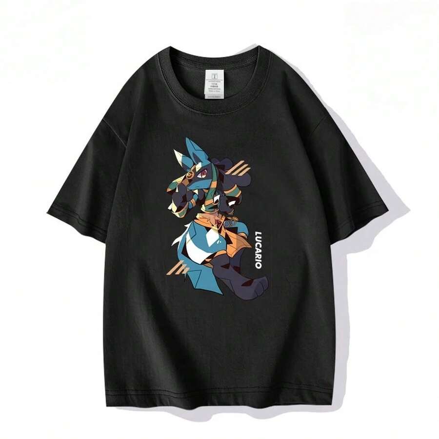 Camiseta estampada de anime de  Lucario para hombre y mujer, estilo moderno, holgada, informal, estilo Y2K, corta, unisex, 220 g, de algodón grueso, suave y transpirable, con excelente elasticidad, agradable para la piel y cómoda para usar todo el día. Diseño clásico e informal, fácil de combinar, ideal para salidas diarias, ropa urbana, deportes, citas y reuniones informales durante todo el año. - Negro - Ver 1
