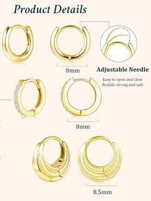 3 Peças Conjunto de Brincos de Argola Pequenos para Mulheres, Argolas Banhadas a Ouro 14K Hipoalergênicas para Múltiplas Perfurações, Joias Delicadas e Fofas de Cartilagem Leves Mini - Dourado - Visão 6