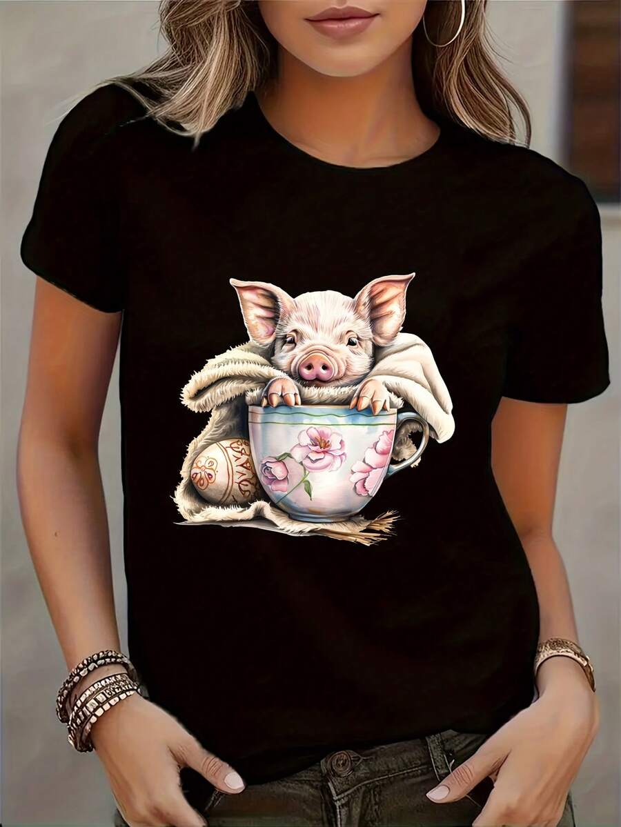 Women's Easter Pig T-Shirt - Casual Round Neck T-Shirt With Geometric Print, Woven Polyester Fabric, Regular Fit, All Seasons - 黑色 - 查看 1