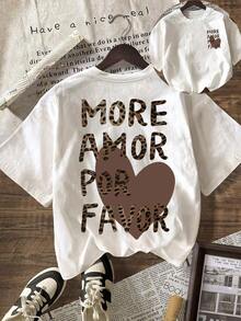 Camiseta gráfica de manga corta, cuello redondo, casual para mujer, con estampado de leopardo y texto "talla grande amor por favor" en forma de corazón marrón, para vacaciones de verano - Blanco - Ver 6