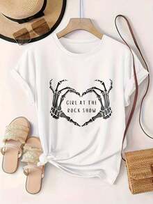 Women's Printed T-Shirt - Skeleton Hands Forming A Heart Design, Casual Style For Rock Shows, Crew Neck, Short Sleeve, For Urban Wear, Comfortable Fit For All Seasons
White - High Quality - 白色 - 查看 2