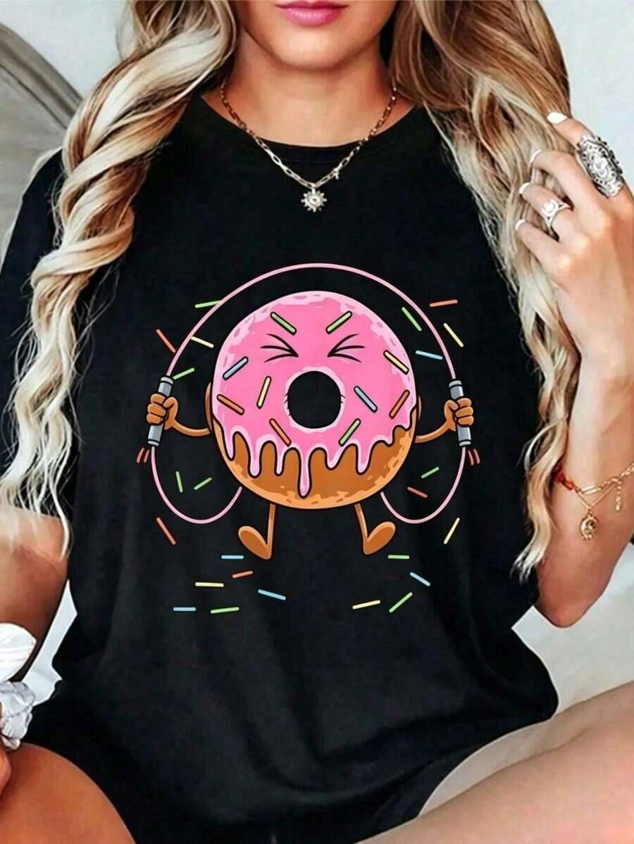 Women's Casual Short-Sleeved T-Shirt, Perfect For Summer Vacation, Featuring A Fun Donut Lover Print, Ideal For Fitness, Workouts, And The Gym. - 黑色3 - 查看 1