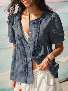 Camisa casual retro a cuadros con cuello redondo, volantes fruncidos y mangas con volantes para mujer - Azul - Ver 4