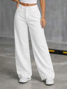 1 pièce Pantalon décontracté taille haute de couleur unie pour femmes, tenue de travail, sorties décontractées, vacances et rassemblements, bas minimaliste et amincissant pour les sports pour femmes - Blanc - Voir 3