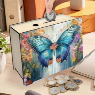 1pc Decorative Handmade Wooden Piggy Bank, Reusable Vintage Wooden Coin Box, 2D Rectangular Coin Box With Ladybug & Flower Pattern, For Home, Office, Home Decor, Decorative Storage, Art Design, Coin Penny Bank, Wooden Craft, Educational Savings Bank, Suitable For Birthday, Graduation, Thanksgiving Multipurpose Home Decor