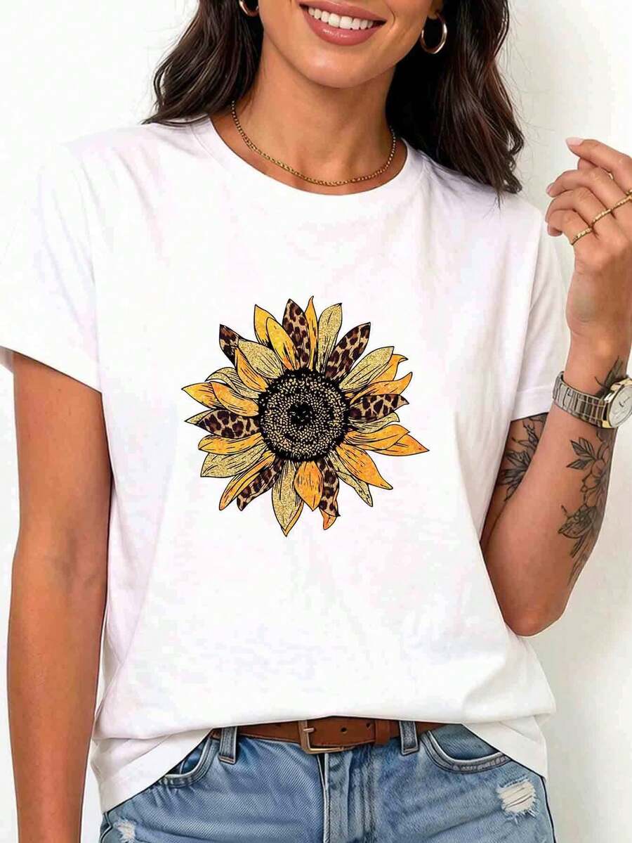 Women's White Short-Sleeved T-Shirt With Sunflower And Butterfly Print - Casual Round Neck Top Suitable For Blouses | Machine Washable Summer Casual Wear Suitable For Warm Weather, Short-Sleeved T-Shirt Without A Round Neck - 白色的 - 查看 1