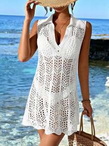 Cubre vestido de punto calado de unicolor para mujer, para el verano - Blanco - Ver 3