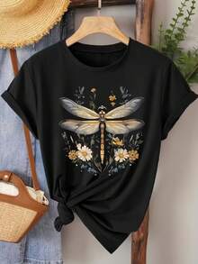 Camiseta de Mujer con Estampado Floral y Bohemio, Manga Corta Casual - Ideal para Primavera y Verano, Cuello Redondo, Opción Perfecta - Negro - Ver 1