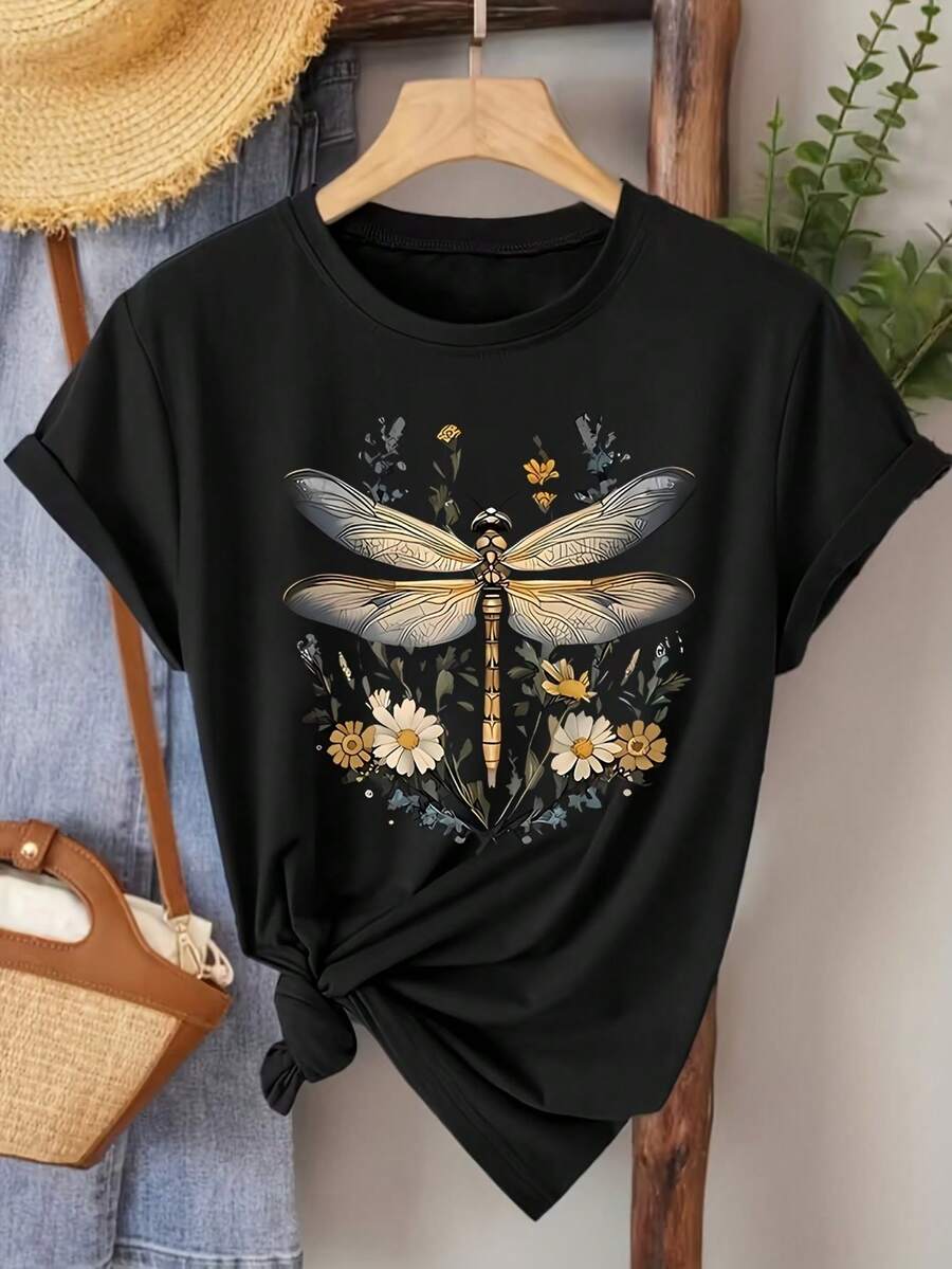 Camiseta de Mujer con Estampado Floral y Bohemio, Manga Corta Casual - Ideal para Primavera y Verano, Cuello Redondo, Opción Perfecta - Negro - Ver 1