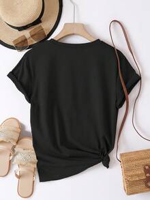 Vintage Floral Print Short Sleeve T-Shirt, Casual Round Neck Top For Women, Suitable For Daily Wear In Spring/Summer, Women's Clothing. - 黑色 - 查看 2