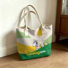 Miniso Peanuts Snoopy Climbing 1974 Canvas Tote Bag, Retro Color Block Shoulder Bag For Daily Use - Pink - View 2