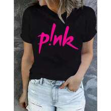 Camiseta rosa con estampado de letras creativas para mujer, camiseta informal de moda con cuello redondo y manga corta para verano - Negro - Ver 2