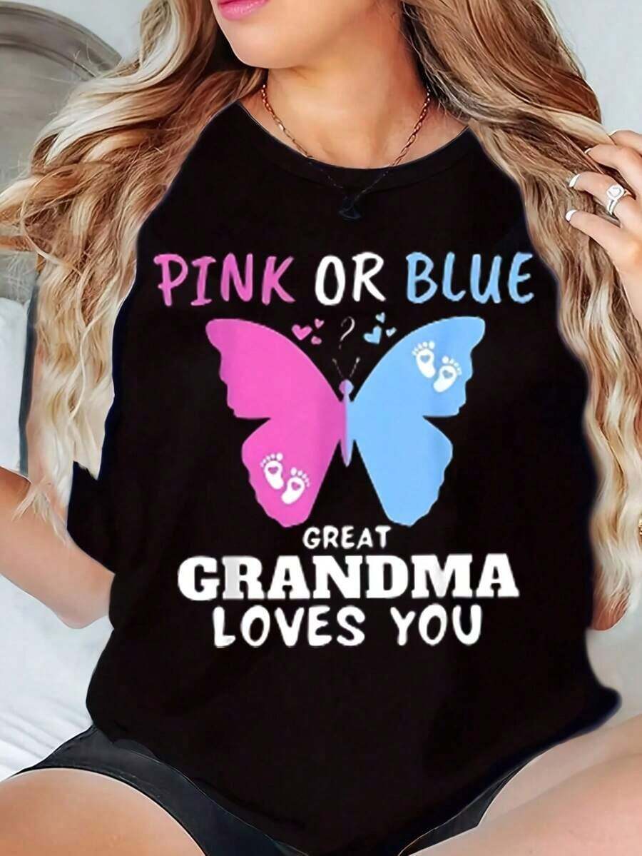 Camiseta de Mujer Rosa o Azul con Estampado de Mariposa 'La Abuela Te Quiere' Corte Holgado Casual para Celebración de Revelación de Género de Bebé 220g - Negro - Ver 1