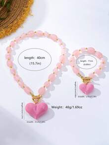 2pcs Women Jewelry Set, Acrylic Beaded Heart Pendant Necklace And Bracelet Set, Suitable For Beach, Party, And Daily Wear - Pink - View 5