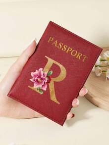Floral Letter Print Passport Holder Wallet & Card Holder, Slim Travel Purse For Couple, Fits Cards & IDs, Lightweight Portable - Burgundy - View 24