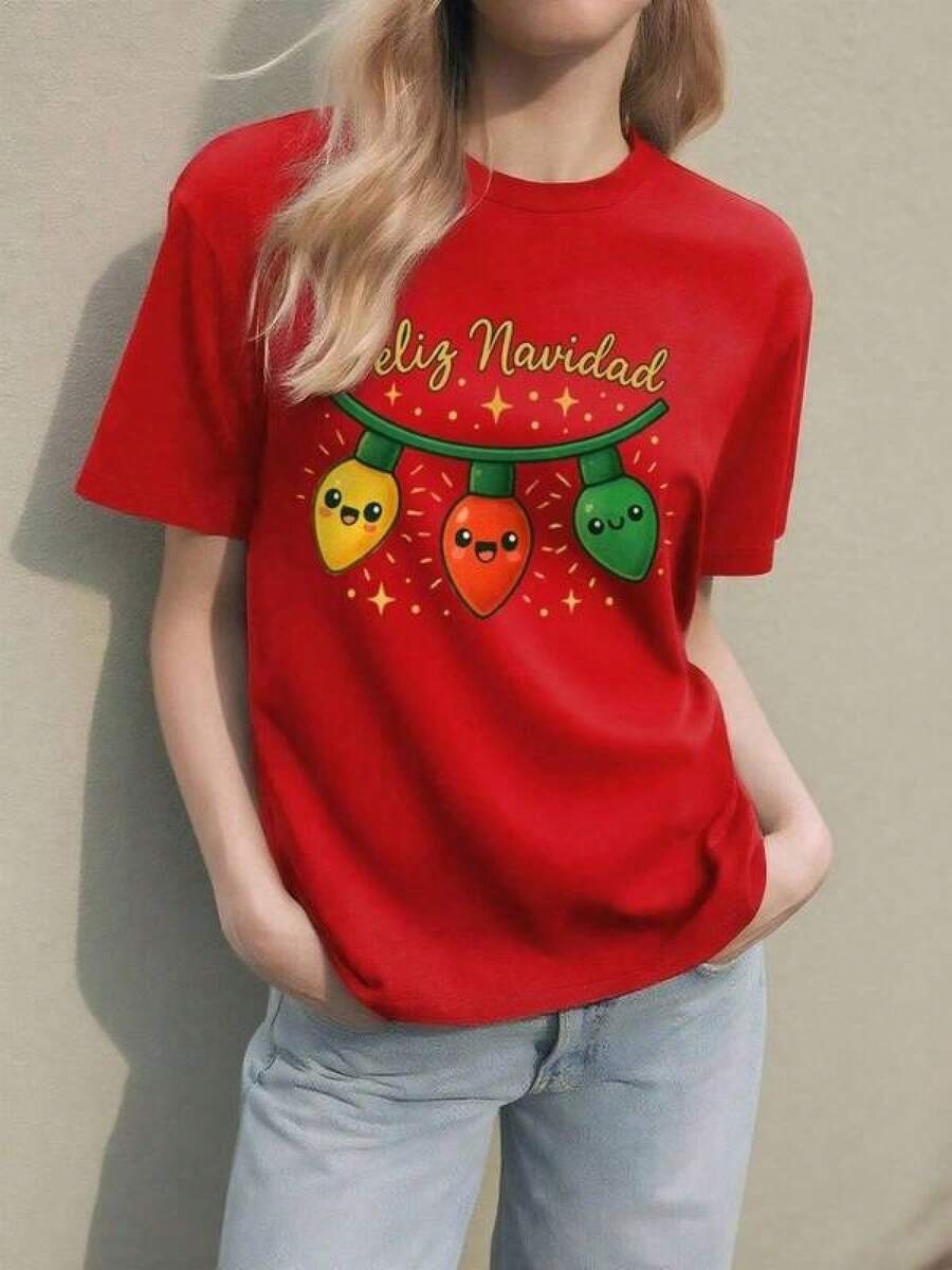 Playera con estampado de luces navideñas y frase de temporada, diseño colorido, ideal para esta temporada y uso diario, llamativo, moderno, holgado, cuello redondo, manga corta, ideal para toda la familia2026 - Rojo - Ver 1