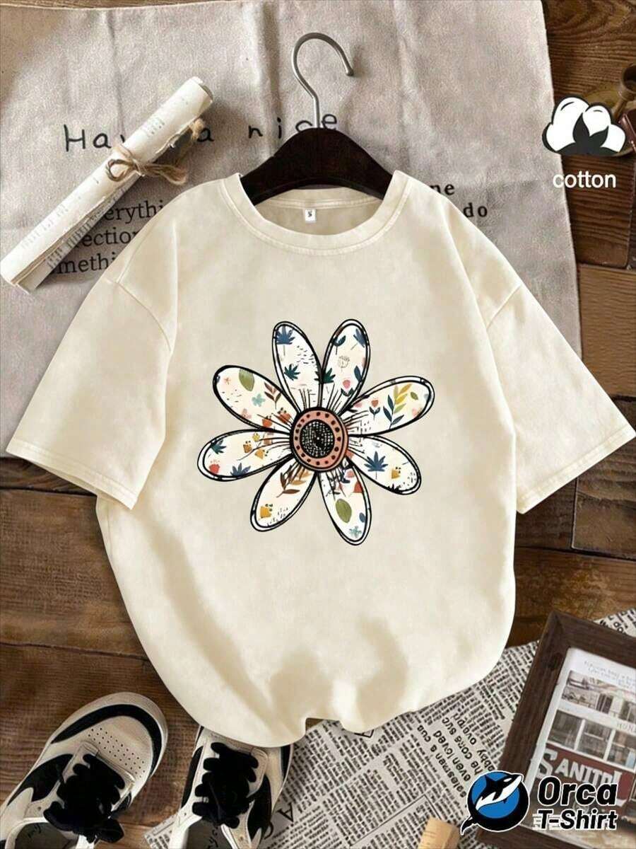 conjuntos de mujer2026Camiseta de punto informal, holgada, de estilo vintage y con efecto desgastado, con cuello redondo y mangas cortas, con un diseño floral y motivos vegetales coloridos. Lavable a máquina, adecuado para todas las estaciones, perfecto para actividades casuales al aire libre, ropa casual de verano. | Camisa de corte holgado | Camiseta de algodón lavado de tela ligera, camisetas geniales para mujer - Albaricoque - Ver 1