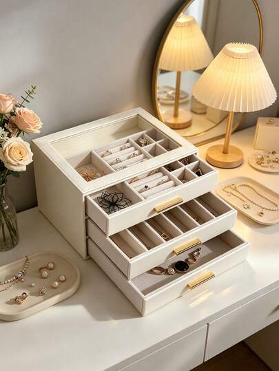 1pc Large Capacity Multi-Layer Jewelry Box With Transparent Skylight, Drawer Style Jewelry Organizer Box, Anti-Oxidation For Rings, Earrings, Necklaces